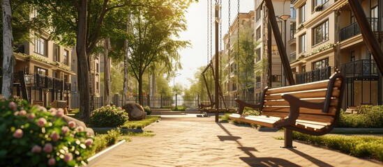 Street swings hang in the courtyard of the house a children s playground on the street wooden swings on chains a residential quarter a place of rest for citizens High quality photo