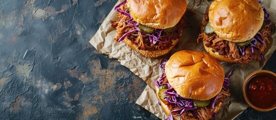 Poster - Pulled pork sandwiches with BBQ sauce cabbage and pickles overhead shot. with copy space image. Place for adding text or design