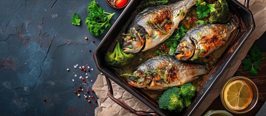 Aufkleber - Salmon Baked roasted fish steaks slices Grilled salmon trout fillet fish in marinade with broccoli in baking dish Diet meal dinner Top view. with copy space image. Place for adding text or design