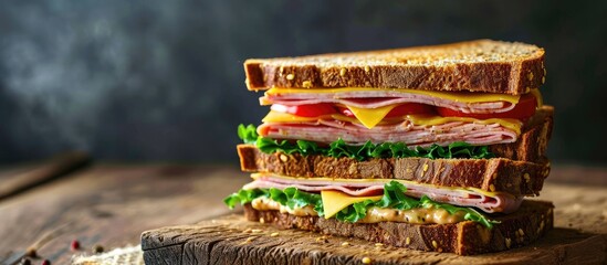 Wall Mural - Sandwich of whole wheat bread with ham cheese and fresh tomato triangle cut three layers sandwich bread. with copy space image. Place for adding text or design