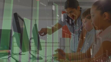 Poster - animation of data processing over diverse school children and teacher in classroom