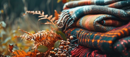 Poster - Stack of woolen checked blankets autumn and winter concept banner size. with copy space image. Place for adding text or design