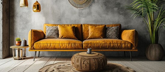 Poster - Stylish sofa details of couch fabric and pillows Boho design comfortable sofa with textures and modern furniture. with copy space image. Place for adding text or design