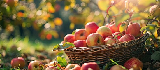Aufkleber - Organic ripe fruit in basket in autumn garden Fresh harvest of apples Nature fruit concept. with copy space image. Place for adding text or design