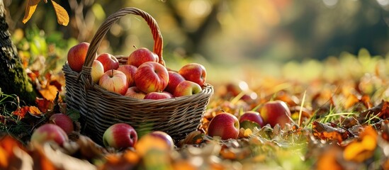 Leinwandbilder - Organic ripe fruit in basket in autumn garden Fresh harvest of apples Nature fruit concept. with copy space image. Place for adding text or design