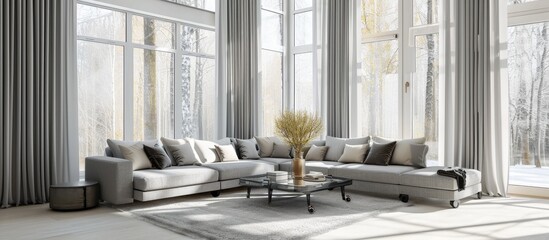 Poster - Small living room with grey corner sofa and stylish coffee table on wheels and big windows behind gray and white curtains. with copy space image. Place for adding text or design