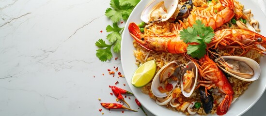 Aufkleber - Seafood Tom Yum Fried Rice Stir fried rice with shrimp and squid with chilli sauce on white plate. with copy space image. Place for adding text or design