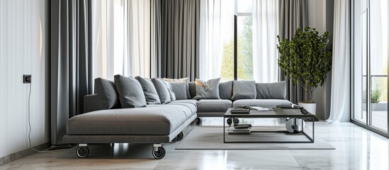 Poster - Small living room with grey corner sofa and stylish coffee table on wheels and big windows behind gray and white curtains. with copy space image. Place for adding text or design