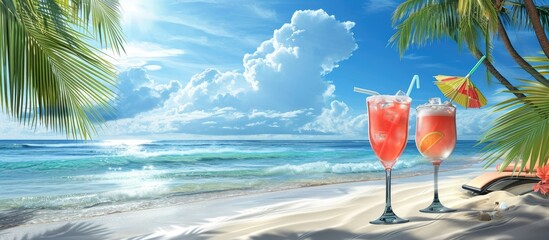 Aufkleber - Two chaise longues and cocktails at the beach with clear skies and palm trees. with copy space image. Place for adding text or design