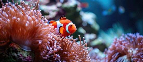 Poster - red sea clownfish with bright red sea anemone. with copy space image. Place for adding text or design