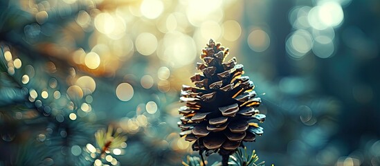 Poster - Spring pine cone on a stick with blurry shallow depth of field. with copy space image. Place for adding text or design