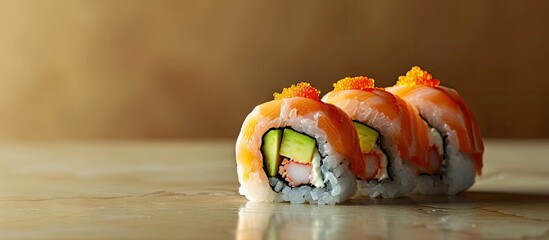 Fototapete - Philadelphia roll sushi with salmon prawn avocado cream cheese Sushi menu. with copy space image. Place for adding text or design