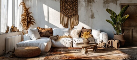 Poster - Stylish sofa details of couch fabric and pillows Boho design comfortable sofa with textures and modern furniture. with copy space image. Place for adding text or design
