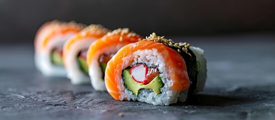 Poster - Philadelphia roll sushi with salmon prawn avocado cream cheese Sushi menu. with copy space image. Place for adding text or design