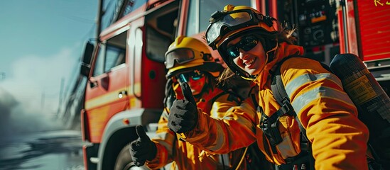 Poster - Two firefighters in protective suits with half mask in hand against fire engine gesture thumbs up. with copy space image. Place for adding text or design
