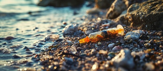 Poster - The syringe is on the beach Hazardous waste. with copy space image. Place for adding text or design