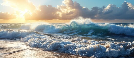 Aufkleber - ocean view seascape landscape Big surfing ocean wave splitted by waterline with slightly cloudy sky and the sun. with copy space image. Place for adding text or design