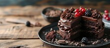 Piece Of Delicious Fresh Homemade Chocolate Sponge Cake On Wooden Table. With Copy Space Image. Place For Adding Text Or Design