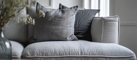 Poster - Trendy knot light grey pillow on comfortable scandinavian couch. with copy space image. Place for adding text or design