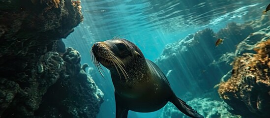 Poster - Seal phoca swims underwater Underwater seal. with copy space image. Place for adding text or design