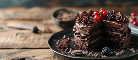 Poster - Piece of delicious fresh homemade chocolate sponge cake on wooden table. with copy space image. Place for adding text or design