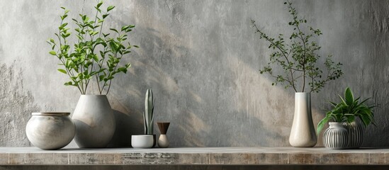 Poster - Sideboard in front of a grey wall with art objects. with copy space image. Place for adding text or design