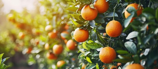 Leinwandbilder - Ripe oranges hanging on branch at tangerine garden. with copy space image. Place for adding text or design
