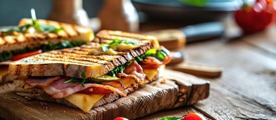 Wall Mural - Sliced Grilled sandwiches bread with bacon ham and cheese with vegetable healthy breakfast. with copy space image. Place for adding text or design