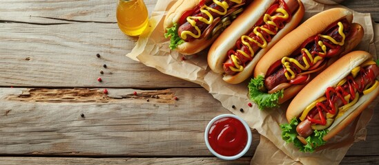 Poster - Two hot dogs with ketchup and mustard on parchment paper. with copy space image. Place for adding text or design