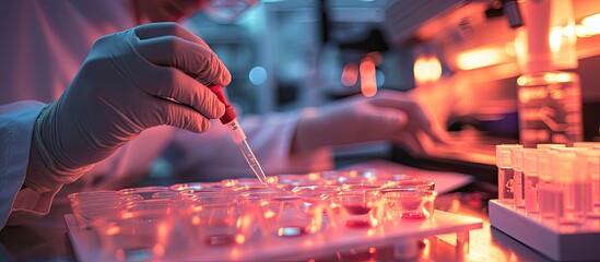 Aufkleber - researcher working in a biotechnology lab biochemical engineer working with microplate in a laboratory experiment. with copy space image. Place for adding text or design