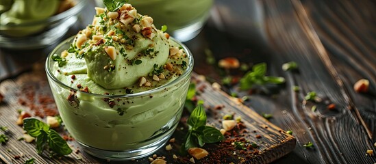 Poster - Raw avocado chocolate mousse topped with hazelnuts. with copy space image. Place for adding text or design