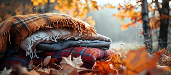Poster - Stack of woolen checked blankets autumn and winter concept banner size. with copy space image. Place for adding text or design