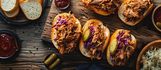 Poster - Pulled pork sandwiches with BBQ sauce cabbage and pickles overhead shot. with copy space image. Place for adding text or design