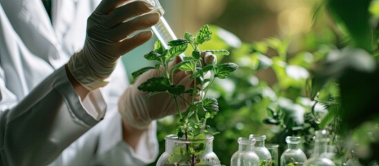Poster - Slide view of biologist researcher analyzing gmo green leaf using medical microscope Chemist scientist examining organic agriculture plants in microbiology scientific laboratory