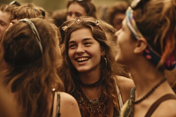 Wall Mural - Free Spirits Unleashed: A 1960s Group Portrait, Capturing the Happy Gathering at Woodstock - Young People Embracing Music, Counterculture, and the Joyful Liberation of the Free-Spirited Vibe.

