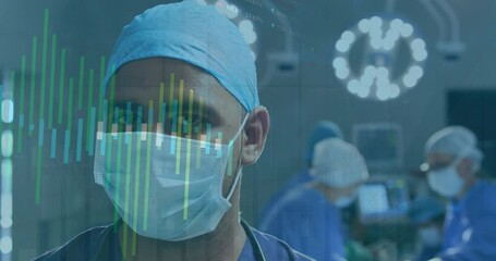 Poster - Animation of financial data processing over biracial male surgeon