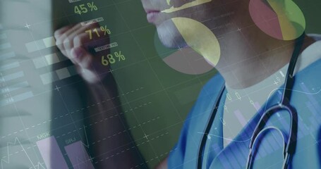 Poster - Animation of financial data processing over caucasian male doctor