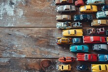 Miniature Automobile Harmony: Artfully Arranged Tiny Toy Cars In A Flat Lay On A Wooden Background, Forming A Creative Composition Of Childhood Joy And Imaginative Play.

