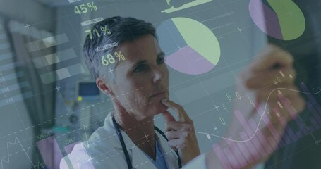 Poster - Animation of financial data processing over caucasian female doctor