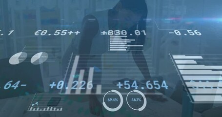 Aufkleber - Animation of financial data processing over caucasian woman in office
