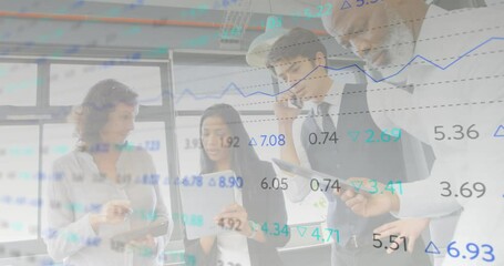 Sticker - Animation of financial data processing over diverse business people in office