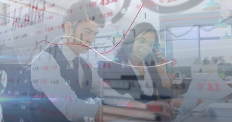 Poster - Animation of financial data processing over diverse business people in office