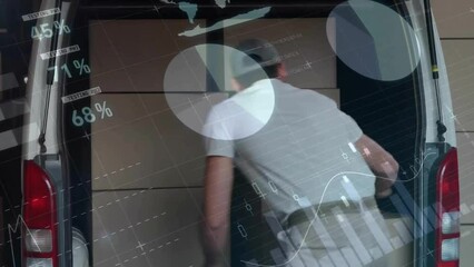 Poster - animation of financial data processing over caucasian delivery man by van