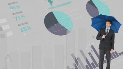Poster - Animation of financial data processing over caucasian businessman with umbrella