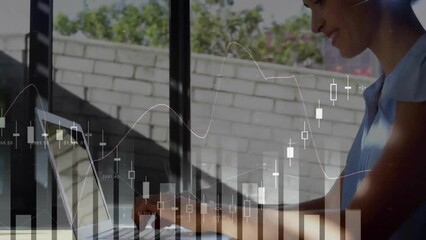 Poster - animation of financial data processing over caucasian woman using laptop