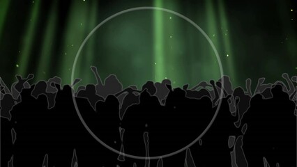 Wall Mural - Animation of glowing green circle and people dancing on green background