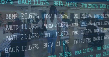 Sticker - Animation of financial data processing over diverse business people in office