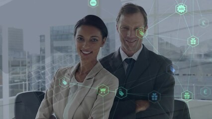 Poster - Animation of network of connections with icons over diverse business people