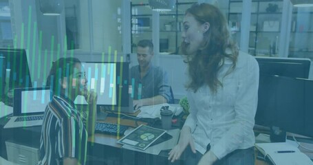 Poster - Animation of graph processing data over diverse female colleagues high fiving at office desk