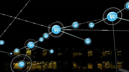 Poster - Animation of network of connections with icons over cityscape